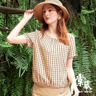 【TOWN’WEAR 棠葳】休閒撞色格紋涼感上衣(中大尺碼/女上衣/圓領/蝴蝶結)