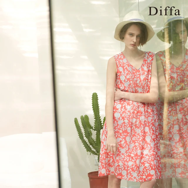 【Diffa】紅白花背心連身洋裝-女
