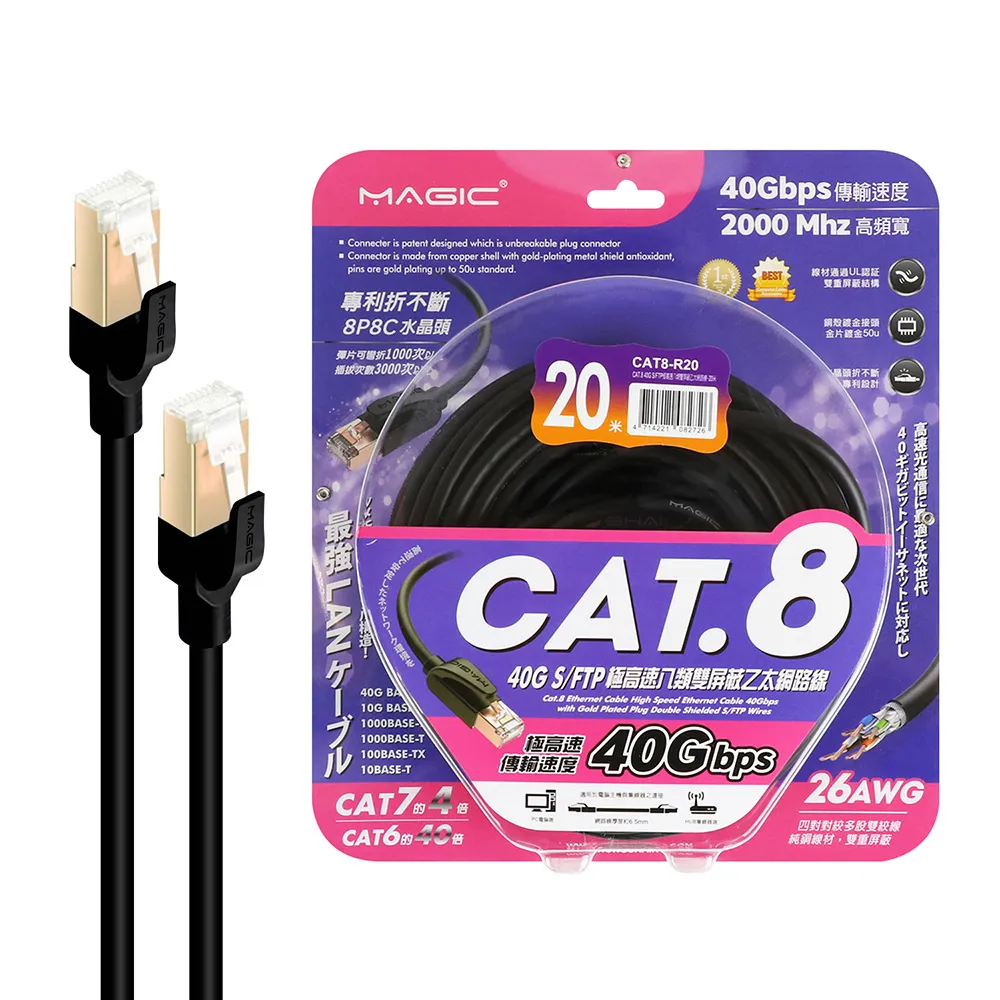 【MAGIC】Cat.8 40G S/FTP 26AWG極高速八類雙屏蔽乙太網路線(20米)