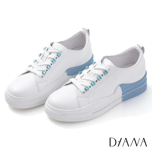 【DIANA】DIANA 4 cm質感牛皮繽紛色系彩鑽色底輕量休閒鞋(白X藍)