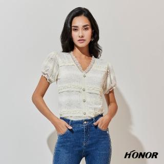 【HONOR 山形屋】蕾絲V領澎袖花紋襯衫(MOMO獨家限定)