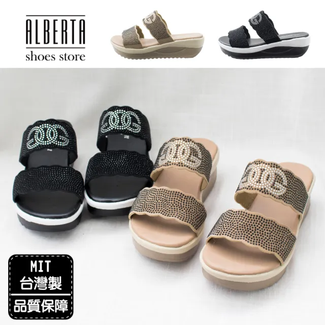【Alberta】MIT台灣製 拖鞋 涼拖鞋 水鑽點綴絨質雙寬帶楔型前3cm跟5cm懶人鞋