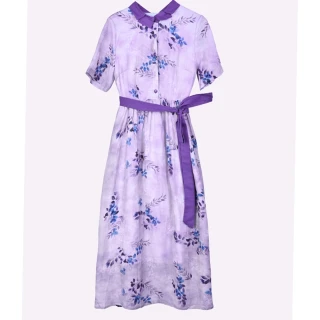 【REKO】玩美衣櫃紫色洋裝印花短袖氣質棉麻連身裙M-4XL
