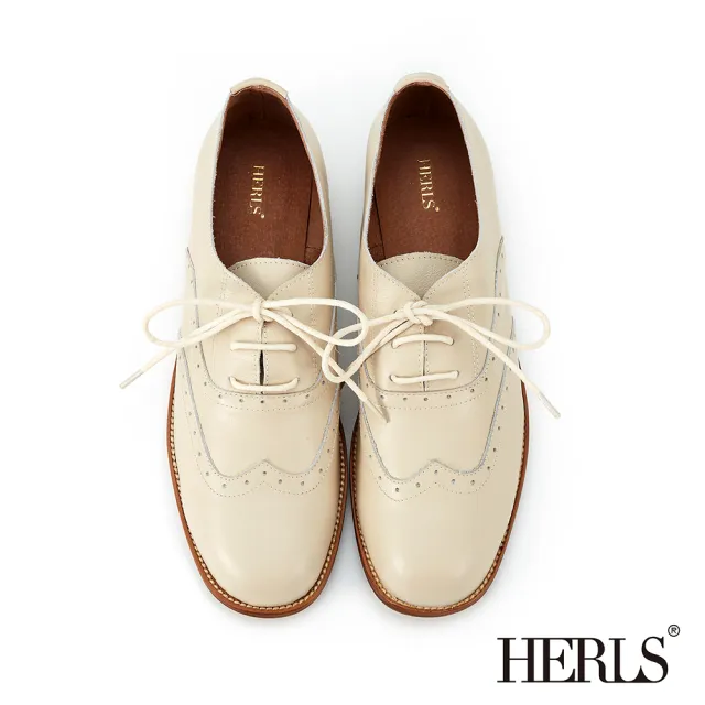 【HERLS】牛津鞋-全真皮翼紋沖孔圓頭低跟牛津鞋(米色)