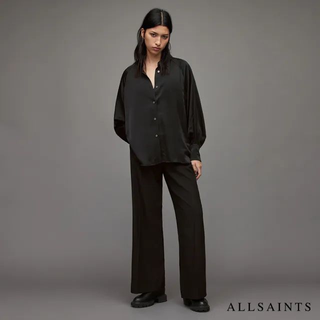 【ALLSAINTS】OANA 真絲混紡寬鬆舒適長袖襯衫-黑 WH032X(舒適版型)