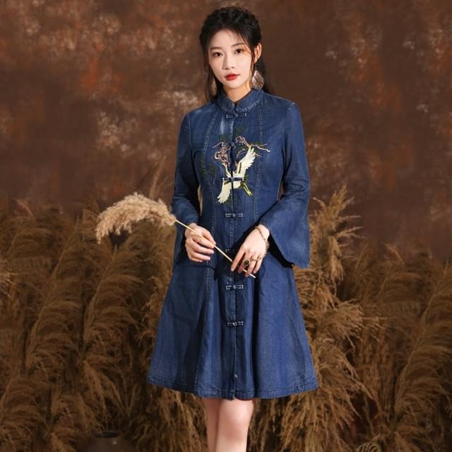 【米蘭精品】現貨+預購 牛仔洋裝丹寧連身裙(喇叭袖仙鶴刺繡盤扣女裙子74ec16)