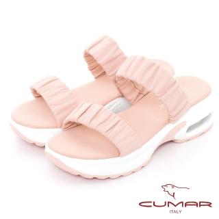 【CUMAR】澎澎抓皺腳背帶休閒運動氣墊厚底臺涼拖鞋(粉紅色)