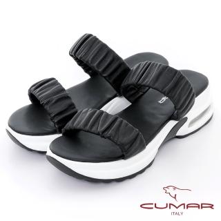 【CUMAR】澎澎抓皺腳背帶休閒運動氣墊厚底臺涼拖鞋(黑色)