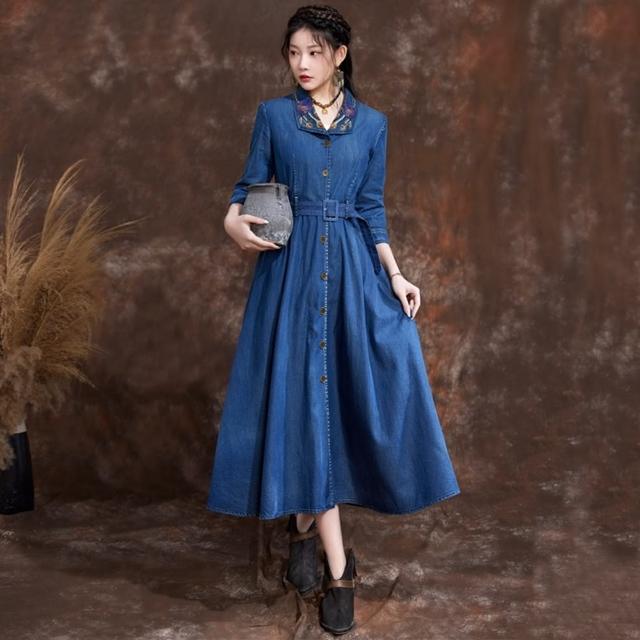 【米蘭精品】現貨+預購 牛仔洋裝丹寧連身裙(刺繡翻領收腰長袖女裙子74ec7)