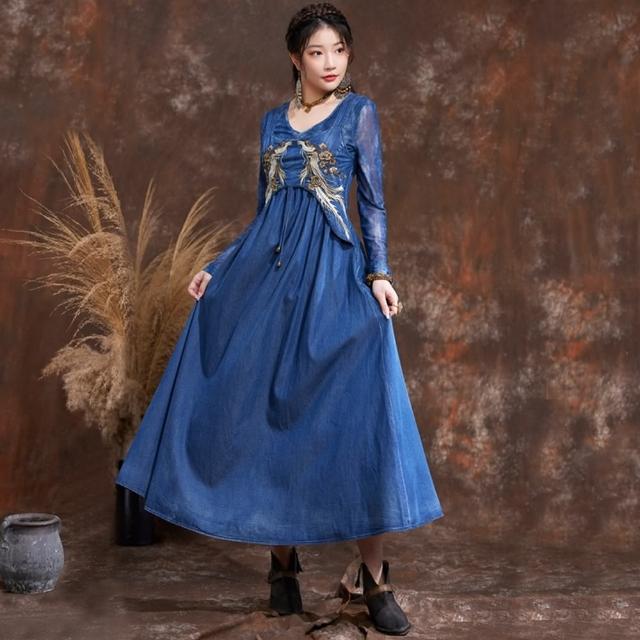 【米蘭精品】現貨+預購 牛仔洋裝丹寧連身裙(重工刺繡一字領吊帶女裙子74ec5)