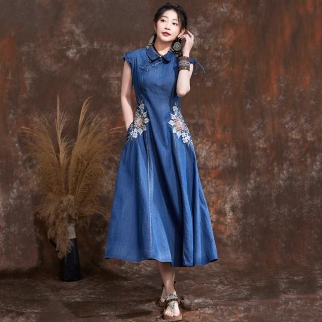 【米蘭精品】現貨+預購 牛仔洋裝丹寧連身裙(盤扣復古刺繡短袖女裙子74ec2)