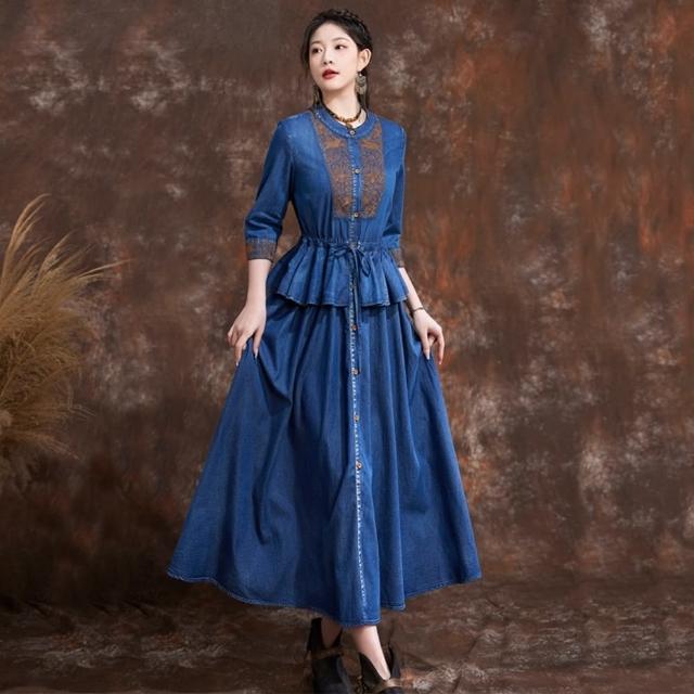 【米蘭精品】現貨+預購 牛仔洋裝丹寧連身裙(七分袖復古刺繡繫帶女裙子74ec10)