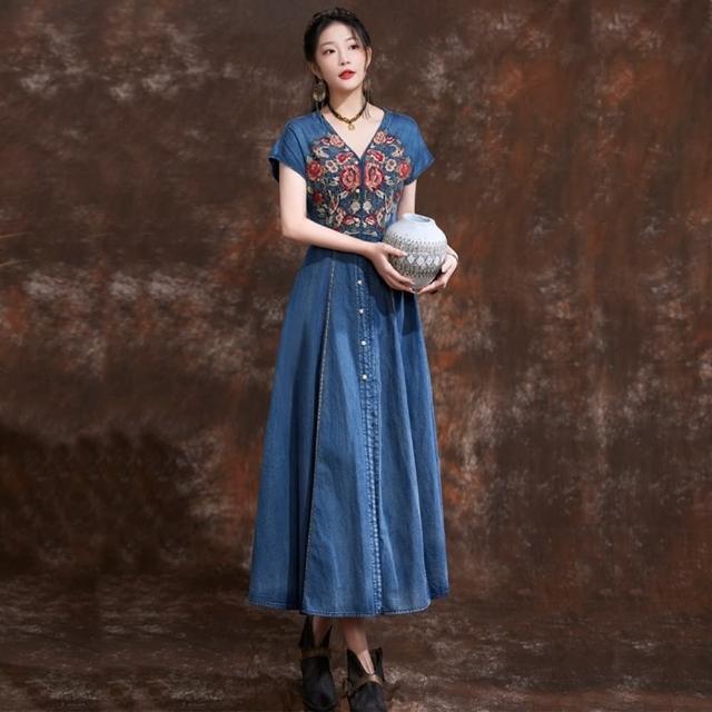 【米蘭精品】現貨+預購 牛仔洋裝丹寧連身裙(夏季刺繡V領短袖女裙子74ec1)