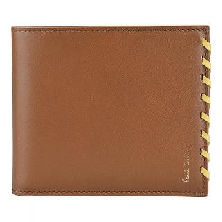 【Paul Smith】燙金LOGO黃橙線編織邊飾滑面皮革8卡短夾(棕x橘紅)