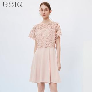 【JESSICA】氣質優雅花卉蕾絲拼接雪紡短袖洋裝233177（粉）
