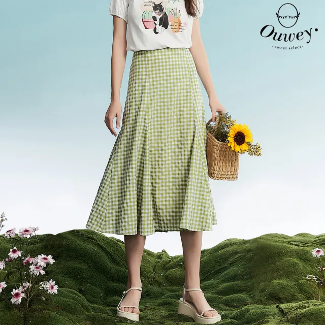 【OUWEY 歐薇】夏日輕甜格紋縲縈魚尾裙(淺綠色；S-L；3232322207)