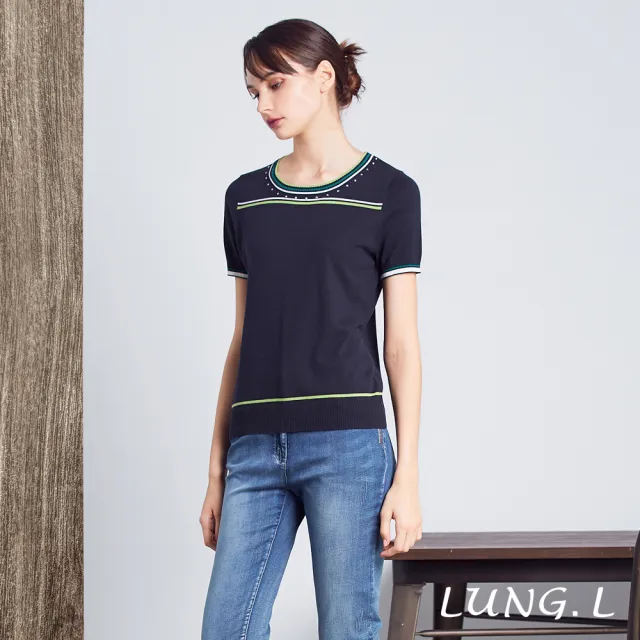 【LUNG.L 林佳樺】L824A 藍色圓領綠色線條短袖針織衫(女裝 棉質)