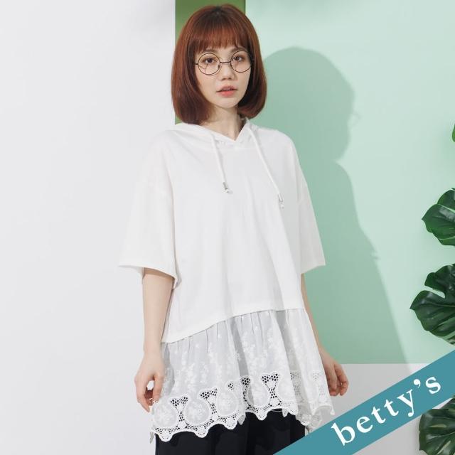 【betty’s 貝蒂思】下擺拼接蕾絲連帽長版上衣(白色)