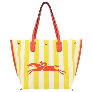 【LONGCHAMP】ROSEAU ESSENTIAL系列帆布LOGO字母條紋托特包(大/黃x白)