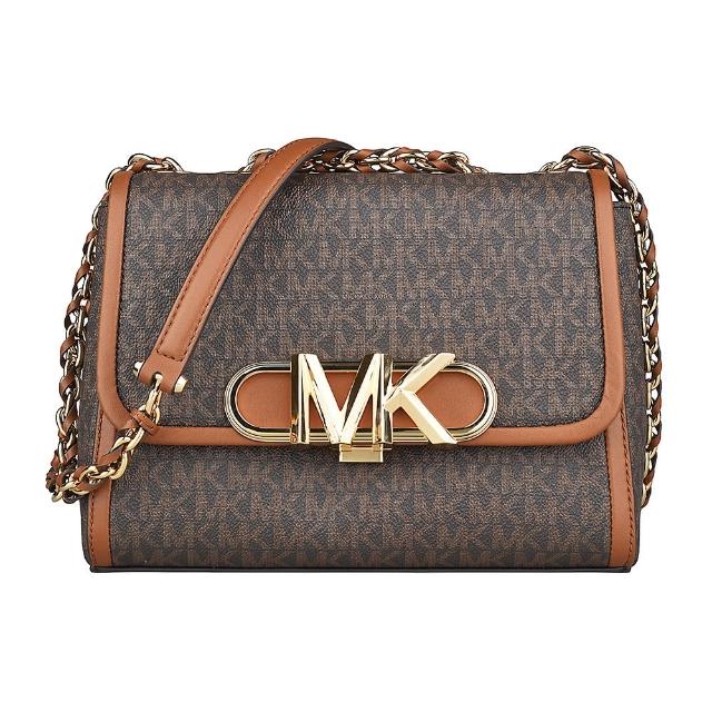 【Michael Kors】MK MICHAEL KORS PARKER金字字母LOGO印花PVC飾牛皮邊釦式肩背斜背包(中/深褐x橡子棕)