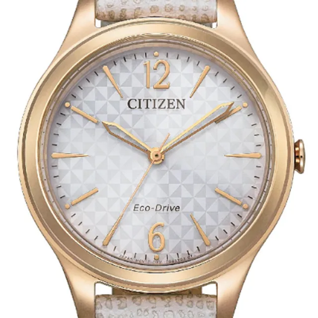 【CITIZEN 星辰】LADYS 光動能 三角格紋牛皮錶帶淑女腕錶-32mm 玫瑰金(EM0509-10A 防水50米)