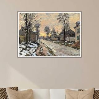 《夕陽下的融雪景緻》莫內Monet．印象派畫家 世界名畫 經典名畫 風景油畫-白框40x60CM