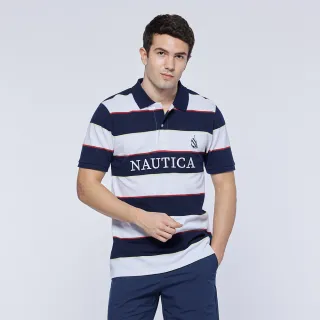 【NAUTICA】男裝 粗條紋LOGO刺繡短袖POLO衫(深藍色)