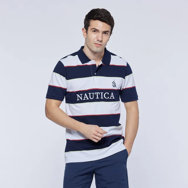 【NAUTICA】男裝 粗條紋LOGO刺繡短袖POLO衫(深藍色)