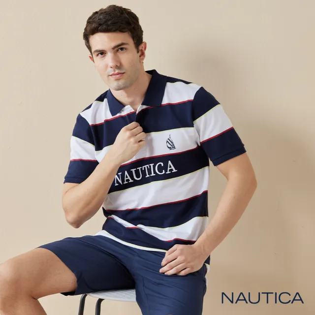 【NAUTICA】男裝 粗條紋LOGO刺繡短袖POLO衫(深藍色)