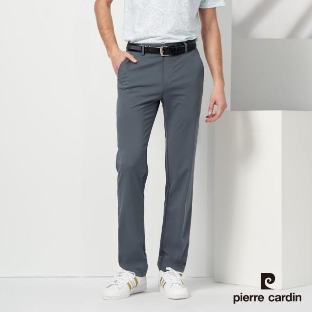 【pierre cardin 皮爾卡登】商務休閒 男款 彈性平口暗條紋休閒長褲-灰綠色(5237875-47)