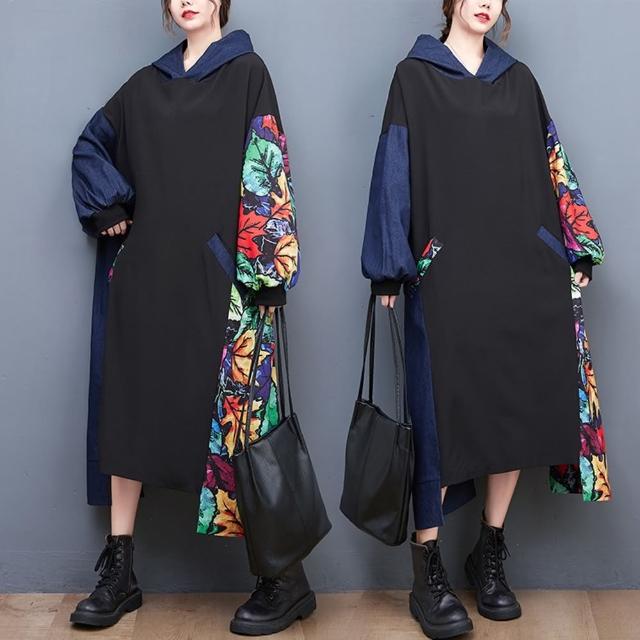 【巴黎精品】現貨+預購 洋裝長袖連身裙(連帽牛仔拼接印花女裙子a1cr39)