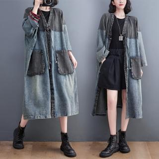 【巴黎精品】現貨+預購 風衣外套長版夾克(撞色牛仔寬鬆大口袋女外套a1cr5)