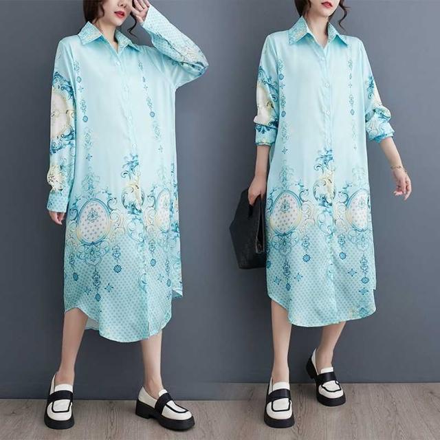 【巴黎精品】現貨+預購 洋裝長袖連身裙(印花長版襯衫裙寬鬆女裙子a1cr11)