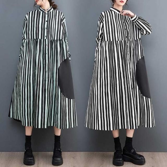 【巴黎精品】現貨+預購 洋裝長袖連身裙(條紋拼接棉質寬鬆女裙子2色a1cr17)