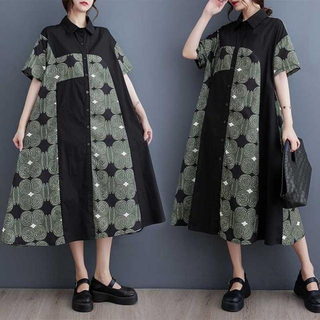 【巴黎精品】現貨+預購 洋裝短袖連身裙(印花拼接傘狀襯衫裙女裙子a1cr20)