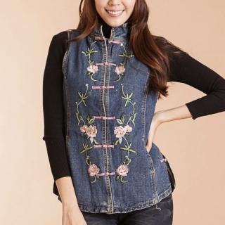 【RH】復古中國風刺繡牛仔背心(牛仔藍全尺碼M-3L)