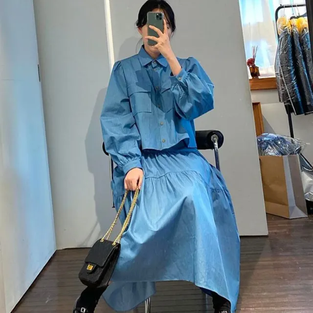 【baibeauty 白鳥麗子】復古牛仔排釦翻領公主袖襯衫+高腰蛋糕傘裙(兩件可選)