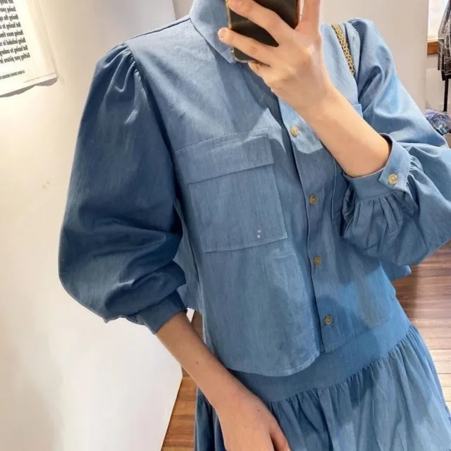 【baibeauty 白鳥麗子】復古牛仔排釦翻領公主袖襯衫+高腰蛋糕傘裙(兩件可選)