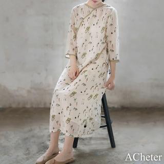 【ACheter】碎花連身裙文藝復古民族風V領苧麻袍子禪意茶服七分袖寬鬆長洋裝#117616(花紋)