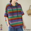 【ACheter】短袖T恤復古做舊條紋短袖破洞寬鬆連帽中長版上衣#117802(黑/粉/紫藍)