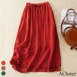 【ACheter】寬鬆薄款刺繡簡約中長版百搭高腰鬆緊系帶半身長裙#117819(紅/綠/駝)