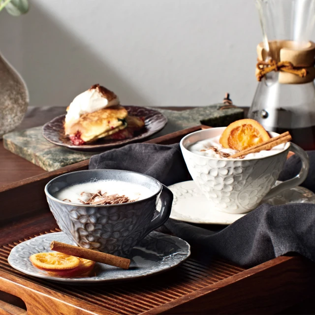 【有種創意食器】日本美濃燒 - 繡花咖啡杯碟組- 對杯組(4件式 - 330 ml)