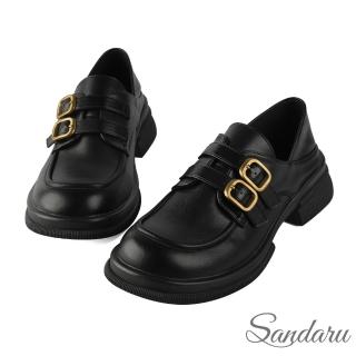 【SANDARU 山打努】樂福鞋 雙霧金釦帶低跟鞋(啞光黑)