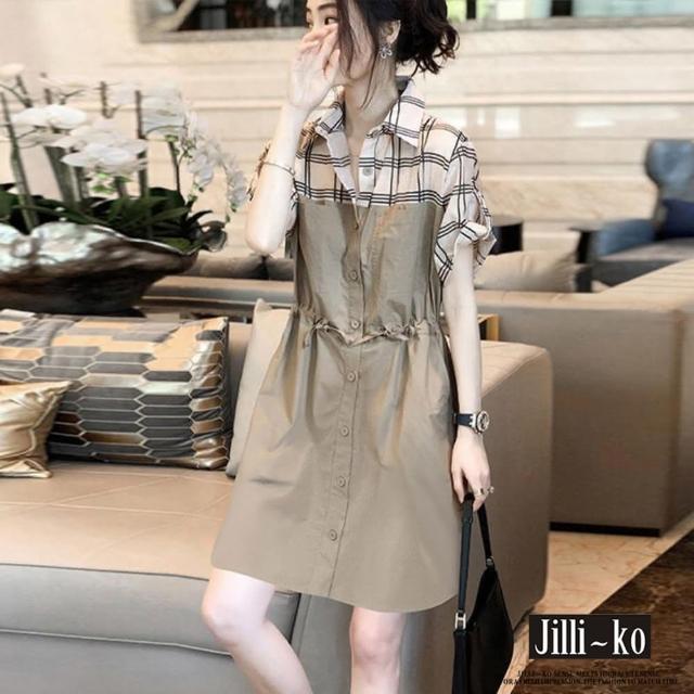 【JILLI-KO】假兩件工裝拼接格紋襯衫連衣裙 -F(卡)