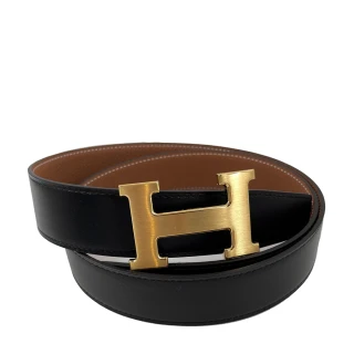 【Hermes 愛馬仕】H扣 3.2cm 雙面皮帶(黑色 Noir x 金棕 Gold x 髮絲金)