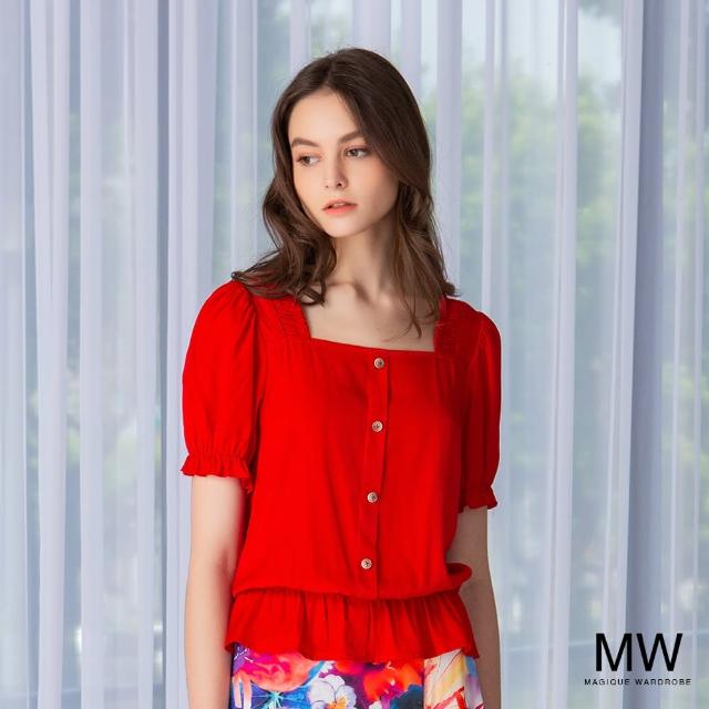 【MAGIQUE WARDROBE】壓褶方領雪紡短版上衣(2色)