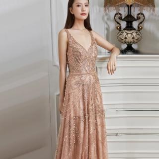 【女神婚紗禮服】高階金色V領無袖性感宴會晚禮服 LA70287 玫瑰金(年會主持人 演出)