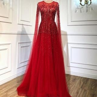 【女神婚紗禮服】高階U領長披肩宴會晚禮服LA60869 紅色(訂婚 結婚)