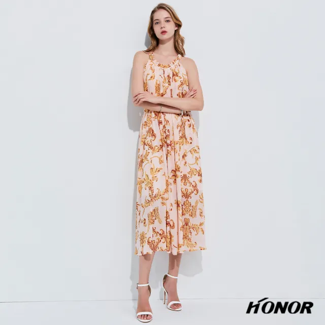 【HONOR 山形屋】出清品 削肩花紋綁帶長洋裝(限定出清)