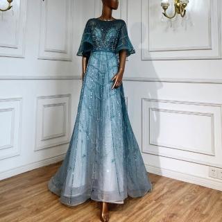 【女神婚紗禮服】高階U領喇叭袖手工縫珠宴會晚禮服 LA70822 藍綠色(表演 晚宴)